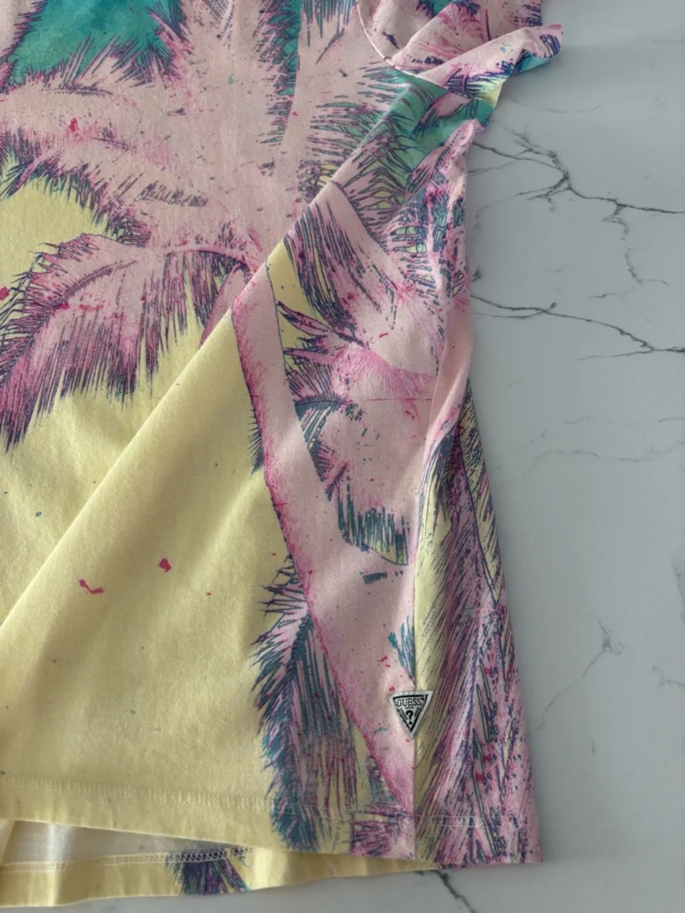 Guess Tropical Palm Graphic Tee in Pastel Yellow, Pink, Teal - Picture 6 of 6